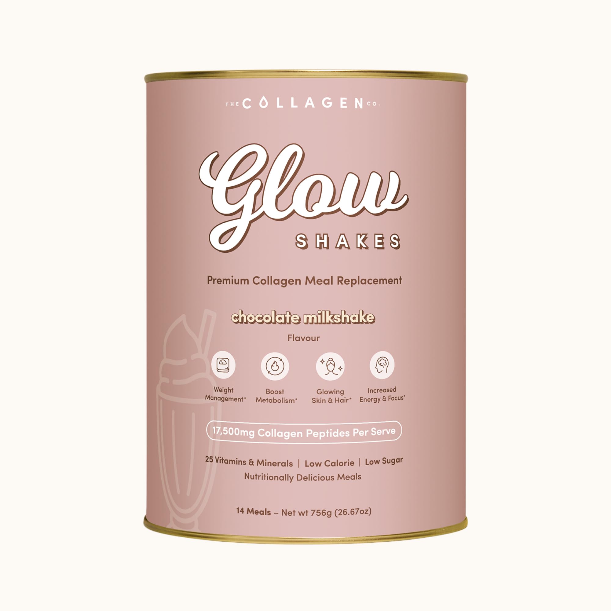 The Collagen Co. Glow Shakes Chocolate Collagen Meal Replacement Shake - Keto-Friendly High Protein with Hydrolysed Coll