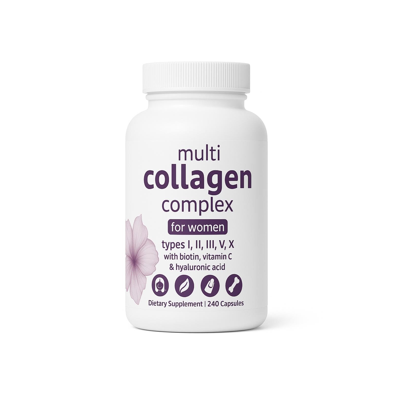 Multi Collagen Complex for Women - 240 Capsules | Types I, II, III, V & X Peptides with Biotin, Hyaluronic Acid & Vitami