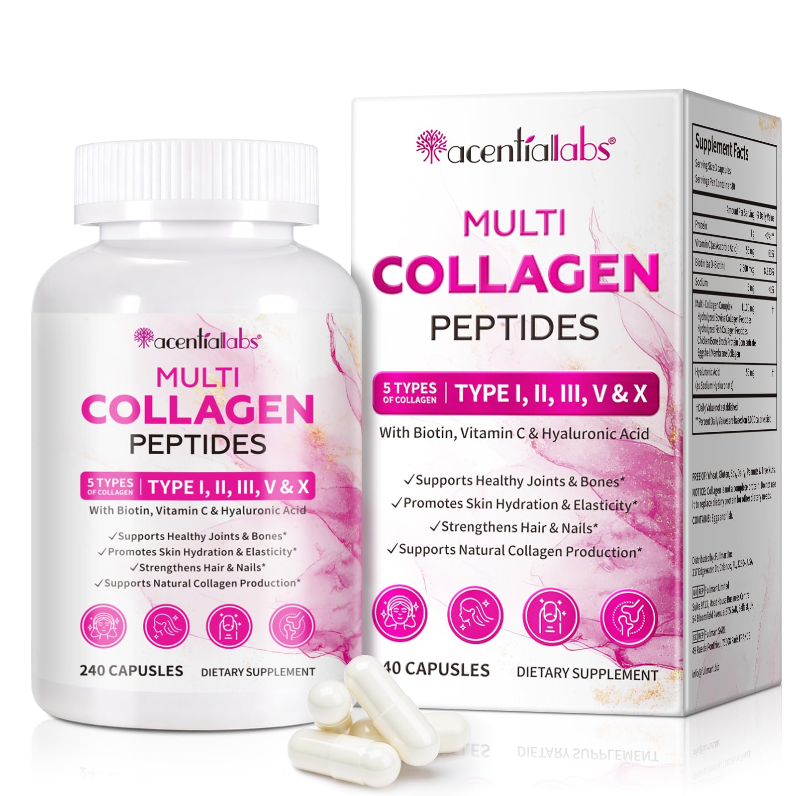 Multi Collagen Peptides Capsules Types I II III V X | Biotin Vitamin C Hyaluronic Acid | 240 Capsules